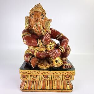 Rare 14.5" Vintage Handmade Carved Musical Ganesha Wooden‎ Sculpture Statue Art
